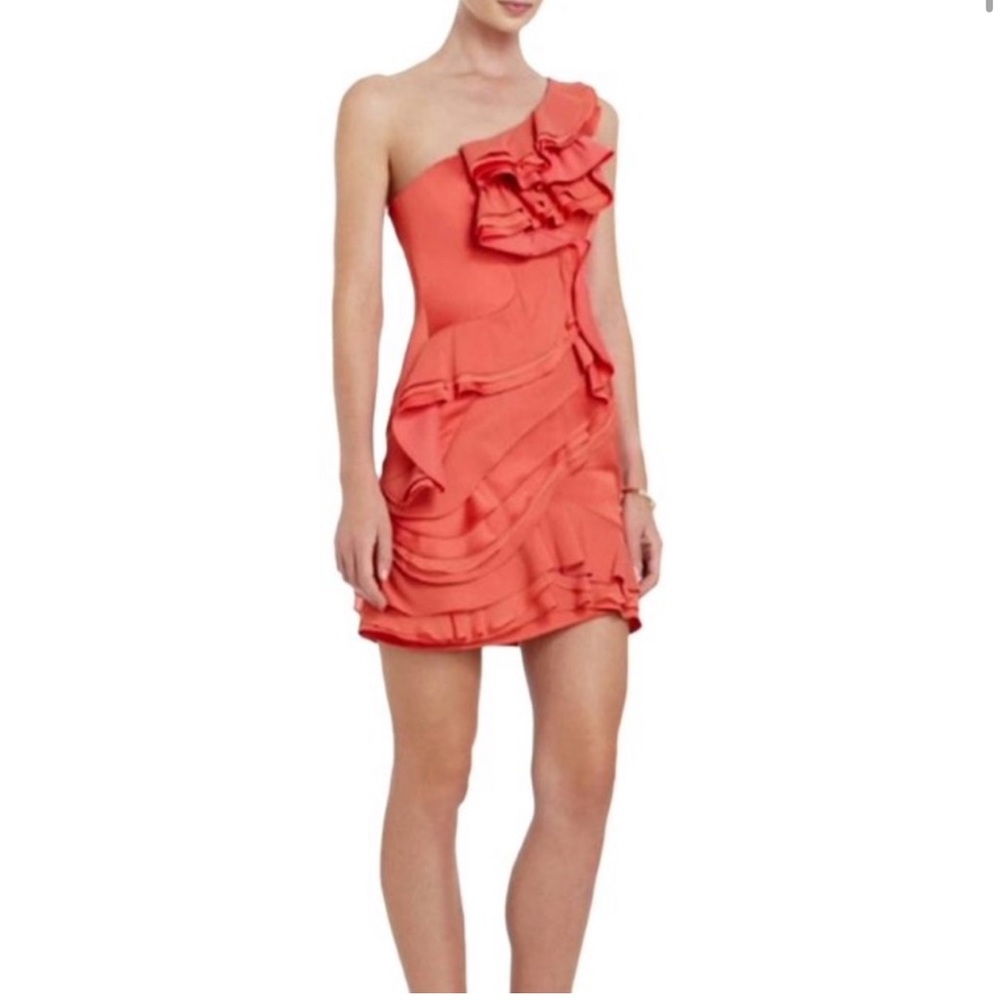 BCBGMaxazria Coral One Shoulder Ruffle Chiffon Silk Cocktail Dress | Size 8